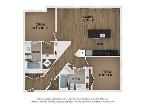 Floor plan for 2 beds, 2 baths, 979 sqft